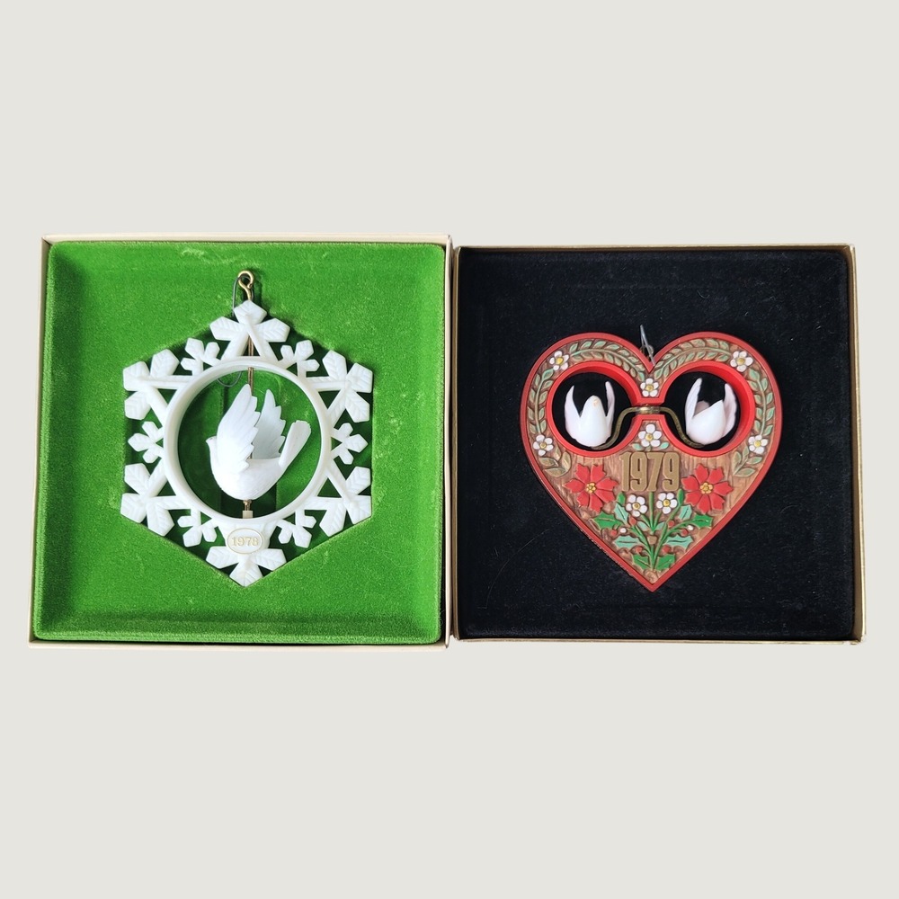Vintage Hallmark Keepsake Ornaments 1978 Snowflake 1979 Heart Doves Set of 2
